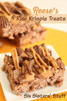 three pieces of rice krispie treats on a white plate