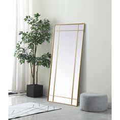 a large mirror sitting on top of a white floor next to a potted plant