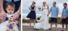 a man holding a teddy bear next to two pictures of people in wedding outfits and children