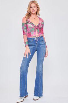 Rock these flares for a trendy throwback look! Our Women's Frayed Hem Flare Jeans With Curved Front Seam are super figure-flattering with a fit and flare silhouette and front stitching to highlight your curves. Featuring a mid-rise and frayed hems. These jeans can be a 70’s vibe or Y2K, depending on how you style them! Y2k Stretch Jeans For Fall, Mid-rise Blue Flares For Fall, Spring Y2k Style Fitted Flare Jeans, Fall Blue Wide Leg Flares, Spring Y2k Stretch Jeans, Trendy Fitted Blue Flares, Trendy Blue Flares For Fall, Y2k Stretch Jeans For Spring, Casual Blue Fitted Flares