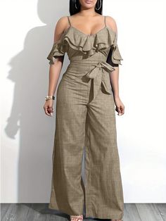 Women Loose Casual Solid Color Jumpsuit Coffee Brown Casual  Short Sleeve Woven Fabric Plain Unitard Non-Stretch  Women Clothing, size features are:Bust: ,Length: ,Sleeve Length: Solid Color Jumpsuits, Slim Fit Top, Strapless Jumpsuit, Fashion 2024, Elegant Dresses Long, Coffee Brown, Elegant Dress, Colorful Leggings