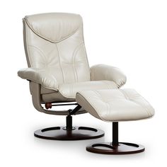 the reclining chair and ottoman is shown in white leather