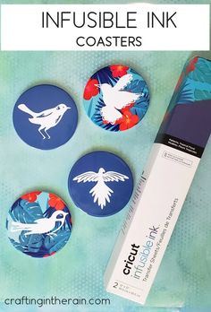 three blue buttons with white birds on them and the words, invisible ink coasters