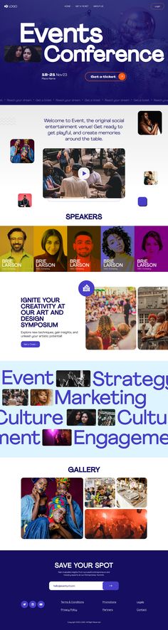 the website for events and conferences is shown in blue, purple, and white