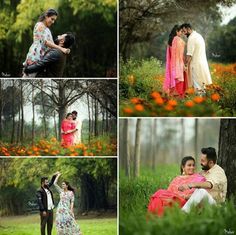 four different pictures of people posing in the grass and orange flowers with trees behind them