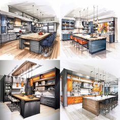 three different views of a kitchen with an island in the middle and on the other side