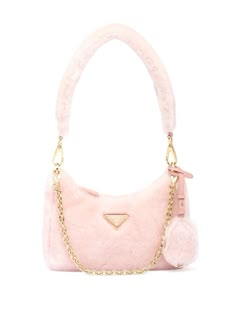 bubblegum pink shearling gold-tone hardware enamel triangle logo detachable chain-link shoulder strap adjustable detachable shoulder strap single detachable top handle keyring attachment top zip fastening main compartment Prada Fluffy Bag, Designer Mini Backpack, Cute Pink Bags, Pink Designer Bags, Prada Mini Bag, Fluffy Bag, Prada Mini, Prada Re Edition