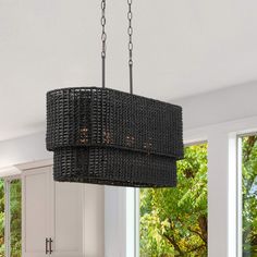 This black rattan shade pendant from Adara collection, matte black canopy and chain and rods offers a timeless look. Black rattan shade wived by hand which is very suitable for the farmhouse style. We recommend using this fixture in various settings. You can either install it to decorate your living room, bedroom, entryway, kitchen island, or set it as foyer lighting. allen + roth Adara 4-Light Matte Black Farmhouse Linear Large Hanging Pendant Light | KOQ4304AX-02 BK Black Rattan, Black Farmhouse, Rattan Shades, Foyer Lighting, Hanging Pendant Light, Allen Roth, Entryway Kitchen, Ceiling Fan Chandelier, Hanging Pendant