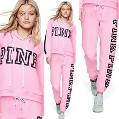 Victoria's Secret PINK Pullover Hoodie + Classic Pant SET! New in Bags from Online Sold Out, No Longer Produced  Colors:  Pink & Black Size:  Both Medium Lace-Up Hoodie: Lace-Up Neckline, Adjustable Drawstring Hood Side Pockets for Hands, Relaxed Fit "PINK" in Black Across Chest Solid Backside Black & White Stripe Detail Down Both Sleeves SUPER CUTE!      Approximate Measurements (Laying Flat): Armpit to Armpit:  22.75"  Shoulder to Hem:  24"   60% Cotton / 40% Polyester, Machine Washable Classi Victoria Secret Pink Outfits, Pink Outfits Victoria Secret, Pink Hoodie Victoria Secret, Victoria Secret Outfits, Womens Workout, Baddie Tips, Pink Pullover, Classic Pants, Workout Outfits