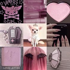 a collage with pink hair and accessories including a dog wearing a tiara, heart shaped brooch