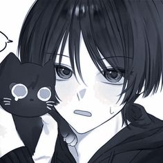 an anime character holding a black cat up to his face and looking at the camera