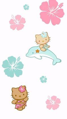 hello kitty wall decals with flowers and a cat on the dolphin in pink, blue and white