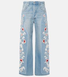 Ayla embroidered high-rise wide-leg jeans in blue - Citizens Of Humanity | Mytheresa Embroidered Wide Leg Flare Jeans For Spring, High Waist Cotton Jeans With Floral Embroidery, High Waist Blue Jeans With Floral Embroidery, Summer Embroidered Wide Leg Jeans, High Waist Embroidered Denim Jeans, Denim Straight Leg Pants With Floral Embroidery, Embroidered Wide Leg Denim Bottoms, Straight Leg Denim Pants With Floral Embroidery, Summer Cotton Flare Jeans With Floral Embroidery