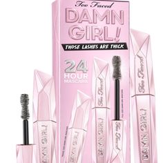 Brand New Authentic Too Faced Damn Girl 24 Hour Mascara Duo Includes: Full Size And Travel Size Mascara New In Box Thick Mascara, Mascara Set, Black Lashes, Thick Lashes, Too Faced Cosmetics, Clean Skincare, Hair Fibers, Animal Videos, Too Faced