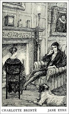 an illustration of charlotte bronte and jane eyke sitting in front of a fireplace