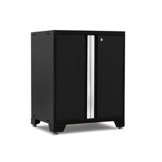 a black cabinet with two doors and silver trimmings on the bottom, in front of a white background