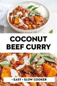 two pictures with the words coconut beef curry and an image of meat in a bowl