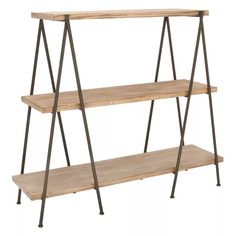 three tiered wooden shelf with metal legs