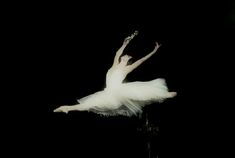 a ballerina in the air with her arms outstretched and legs spread out, while she is wearing a white tutu