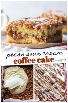 coffee cake with cream frosting on top and pictures of different desserts in the background