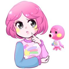 a cartoon girl with pink hair is pointing to a small toy in front of her