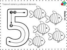 the number five with fish in spanish for children to learn how to write and color