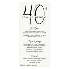 a black and white menu card with the number forty on it's front side