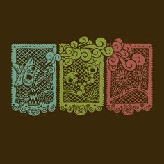 three different colored paper cut designs on a brown background, each with an intricate design