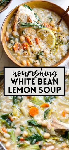 two bowls of white bean lemon soup with text overlay