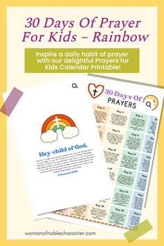 the 30 days of prayer for kids rainbow book with instructions and printables on it