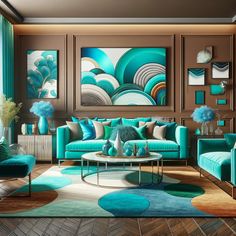 a living room filled with lots of blue furniture