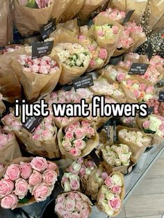 flowers that are sitting on the ground in front of each other with text saying, i just want flowers