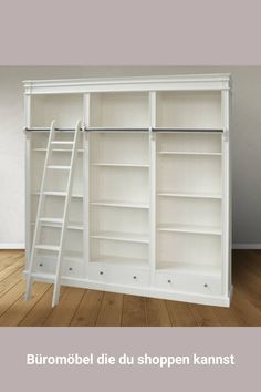 a white bookcase with two shelves and a ladder