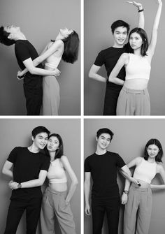 black and white photos of three people posing for the camera with their arms around each other