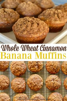 whole wheat cinnamon banana muffins on a cooling rack with the title above it