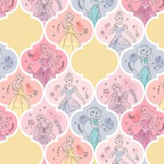 disney princesses in pastel colors on pink and yellow circles with polka dot dots