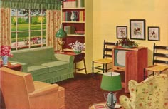 a living room filled with furniture and a green couch in front of a tv set