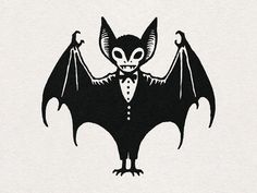 a black and white drawing of a bat wearing a tuxedo bow tie with its wings spread