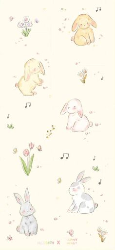 an illustration of rabbits and flowers on a white background, with music notes in the air