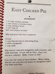 an easy chicken pie recipe is shown on a red and white striped tablecloth with the instructions