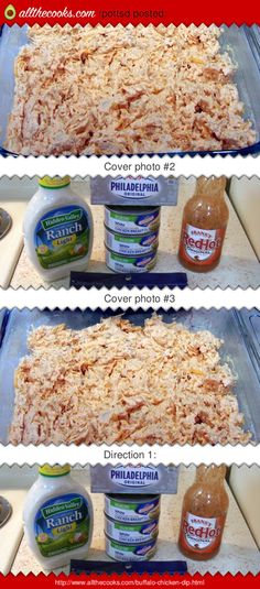 three pictures showing how to make a casserole dish with rice and other ingredients