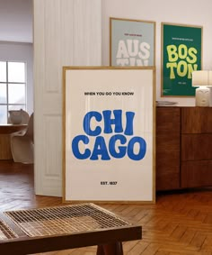 there is a poster on the wall in this room that says chi cago,