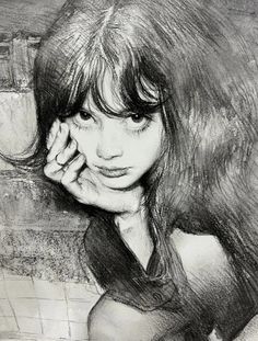 a black and white drawing of a girl with her hand on her face, leaning against a wall