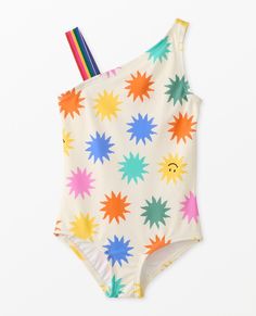 Our smooth and durable swim fabric holds up through sun, sand, chlorine, and washing. Made with UV protection so they can enjoy all-day splashing. • Soft swim fabric is gentle on sensitive skin • Protects skin from 97% of harmful UVA/UVB rays • Colors won't fade in the wash or pool • Crafted from recycled materials 82% recycled nylon/18% spandex swim knit 84% recycled poly/16% spandex lining, crotch lined in cotton jersey Protects skin from 97% of harmful UVA/UVB rays Asymmetrical straps Rainbow Toddler Swimsuit, Childrens Swimwear, Kids Swimsuit, Toddler Swimsuits, Swimwear Pattern, Baby Swimsuit, Girl Kid, Swimming Suits, Packing Kids