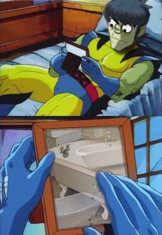 an image of wolverine laying in bed and looking at the mirror that he is holding