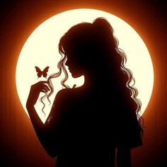 the silhouette of a woman with a butterfly in her hand