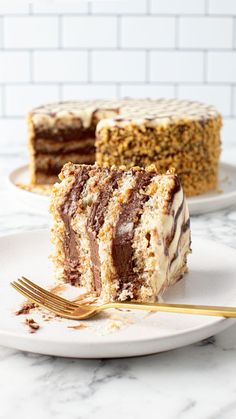 a piece of cake on a plate with a fork next to it and another slice in the background