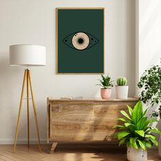 a living room with potted plants and a wooden dresser in front of a white wall