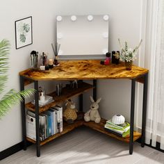 a corner desk with a mirror and some plants