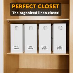 an open closet with three white boxes and the words perfect closet on it's side